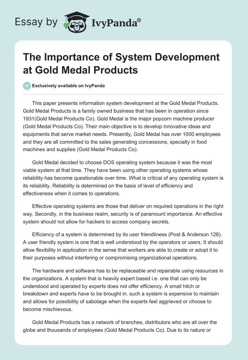 The Importance of System Development at Gold Medal Products. Page 1