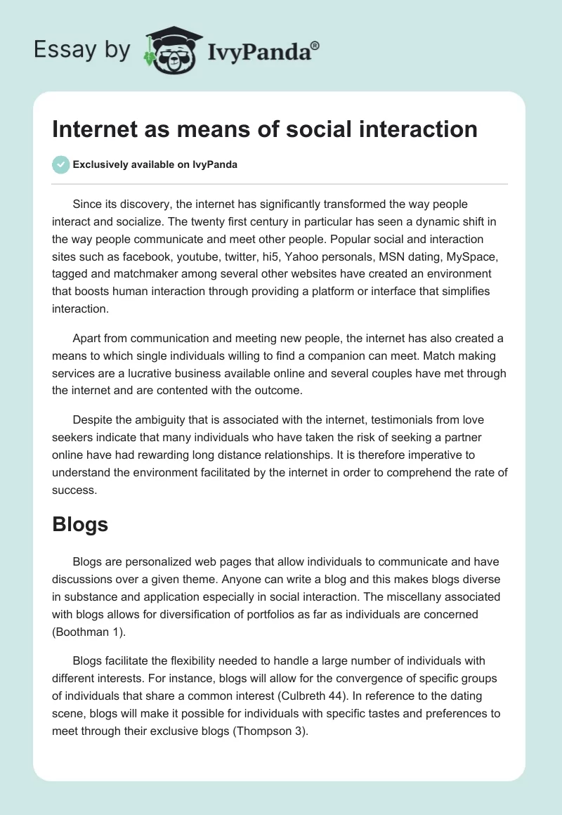 Internet as Means of Social Interaction. Page 1