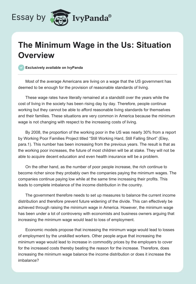 The Minimum Wage in the US: Situation Overview. Page 1