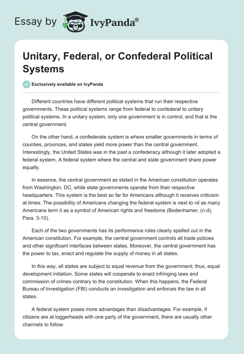 Unitary, Federal, or Confederal Political Systems. Page 1
