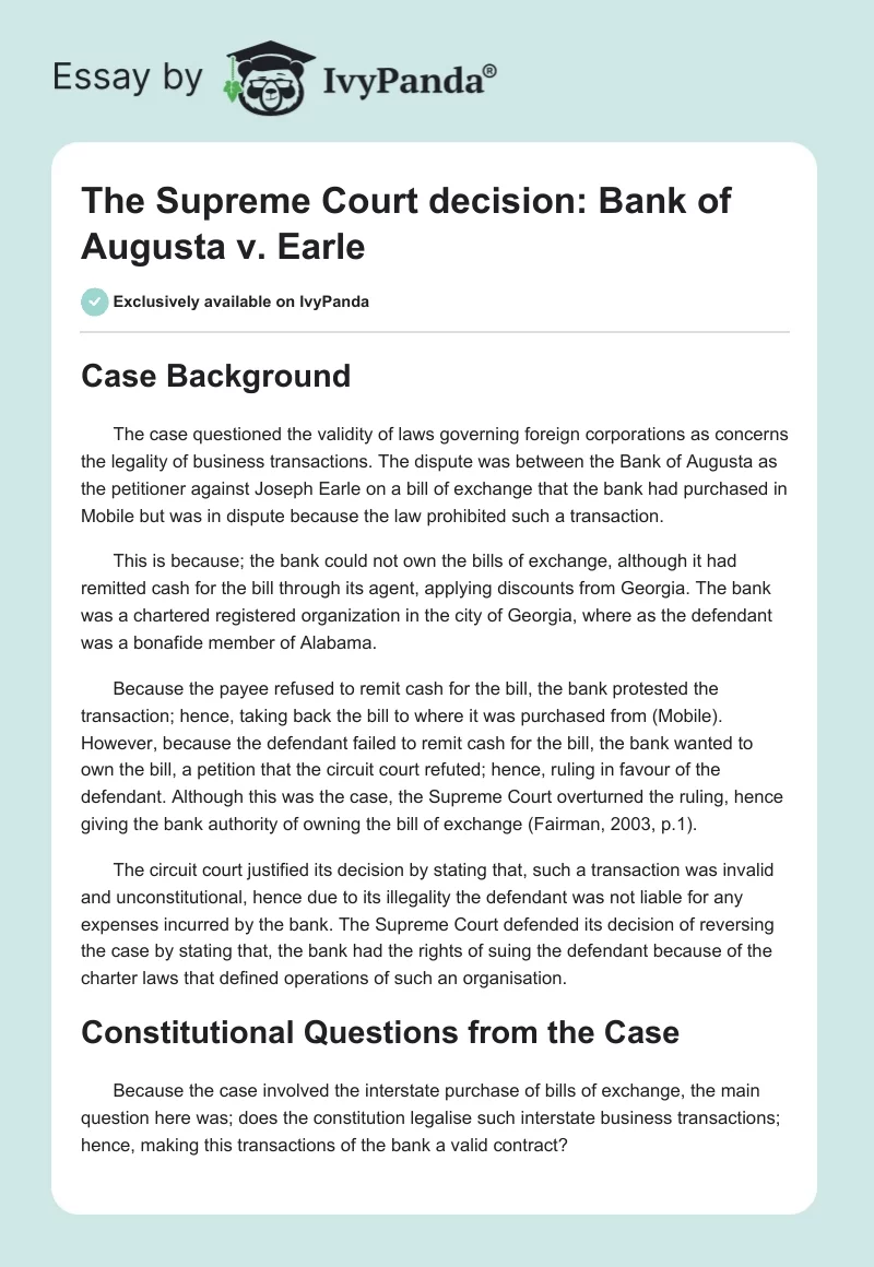 The Supreme Court Decision: Bank of Augusta vs. Earle. Page 1