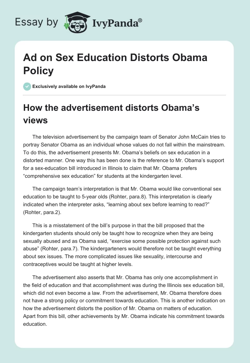 Ad on Sex Education Distorts Obama Policy. Page 1