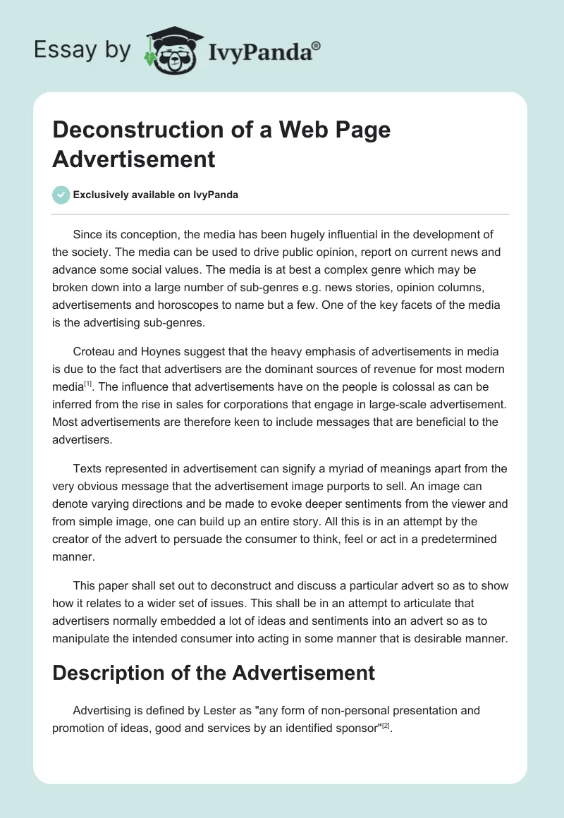 Deconstruction of a Web Page Advertisement. Page 1