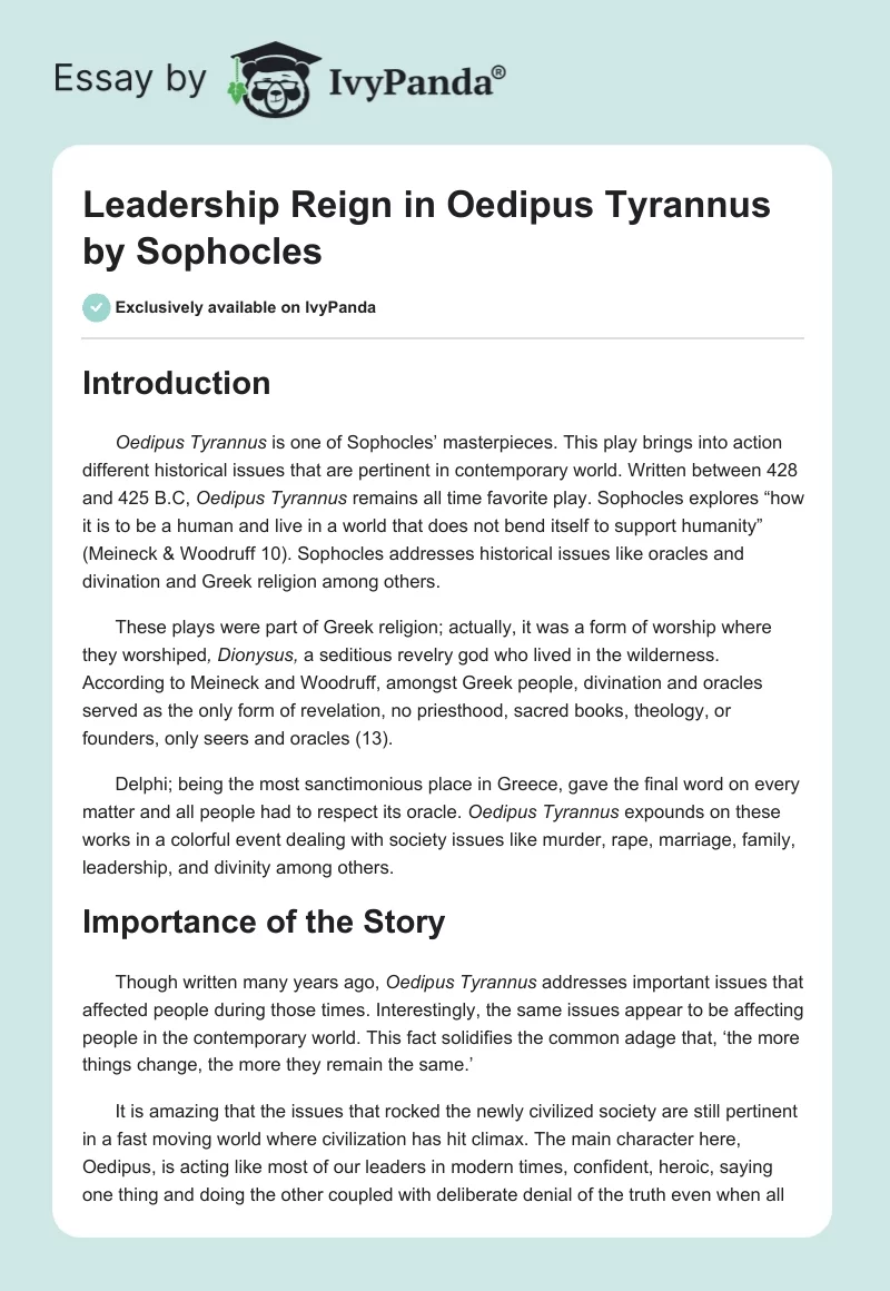 Leadership Reign in "Oedipus Tyrannus" by Sophocles. Page 1