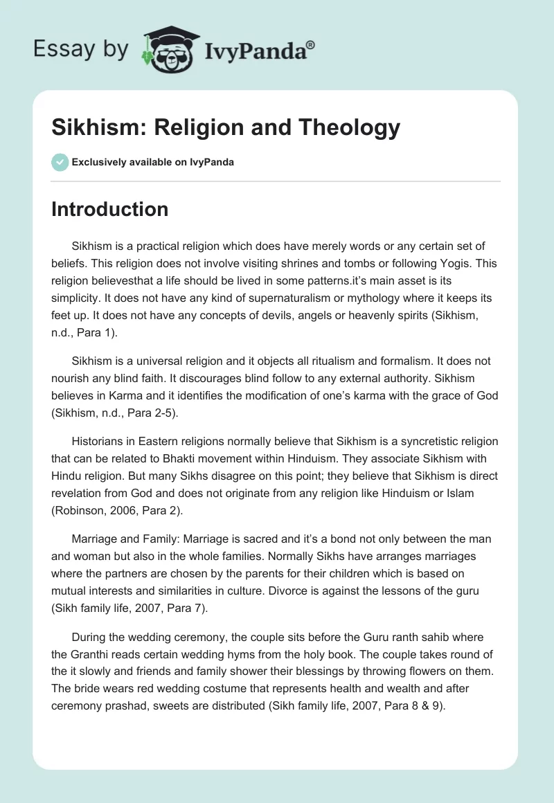 Sikhism: Religion and Theology. Page 1