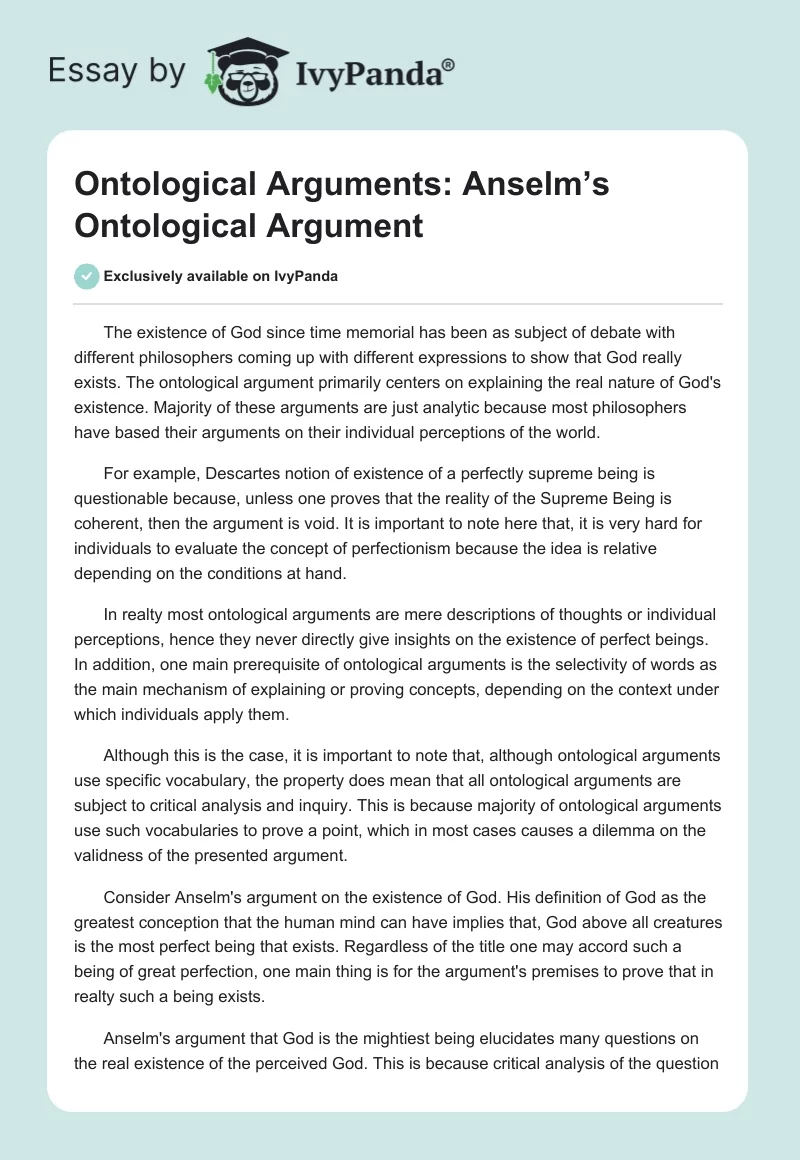 Ontological Arguments: Anselm’s Ontological Argument. Page 1