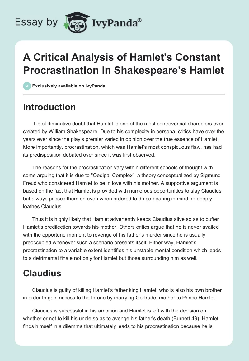 A Critical Analysis of Hamlet's Constant Procrastination in Shakespeare’s Hamlet. Page 1