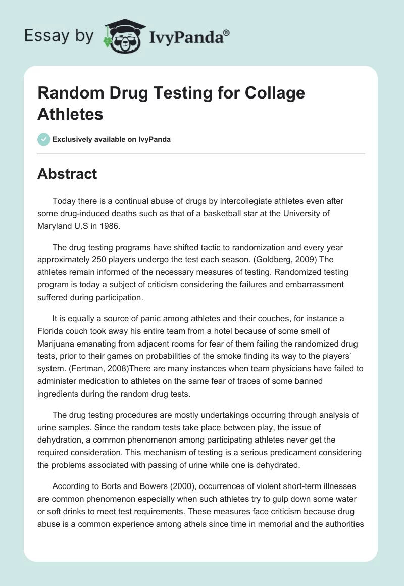 Random Drug Testing for Collage Athletes. Page 1
