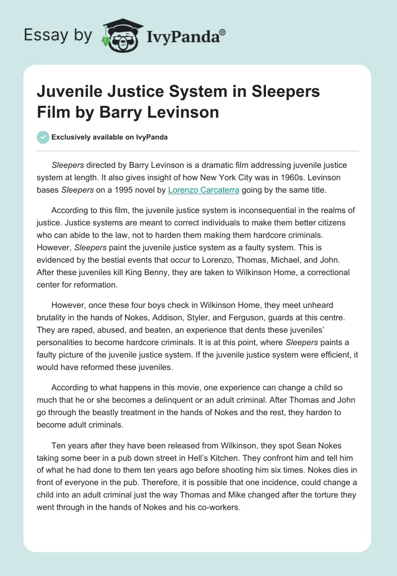 Juvenile Justice System in "Sleepers" Film by Barry Levinson. Page 1