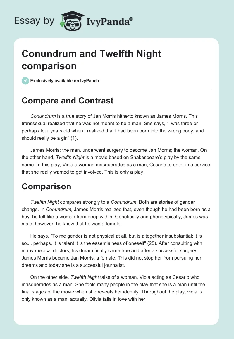 Conundrum and Twelfth Night comparison. Page 1