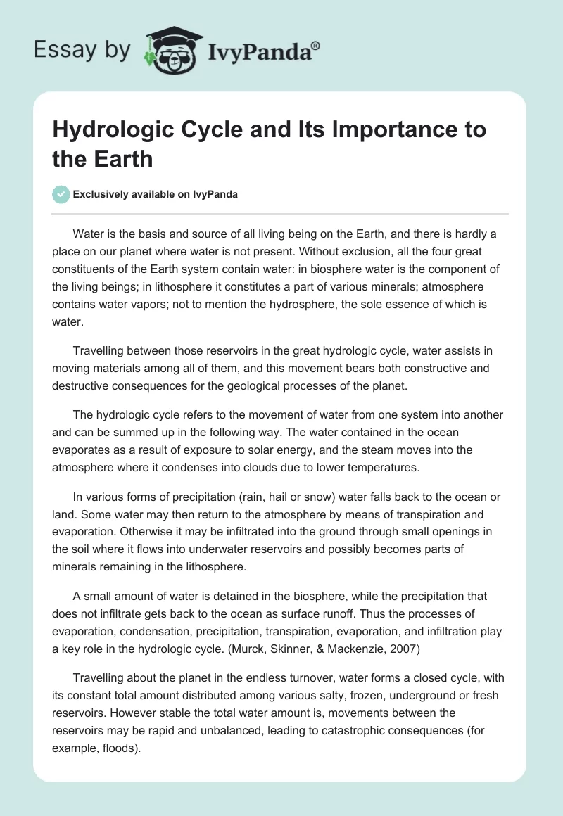 Hydrologic Cycle and Its Importance to the Earth. Page 1