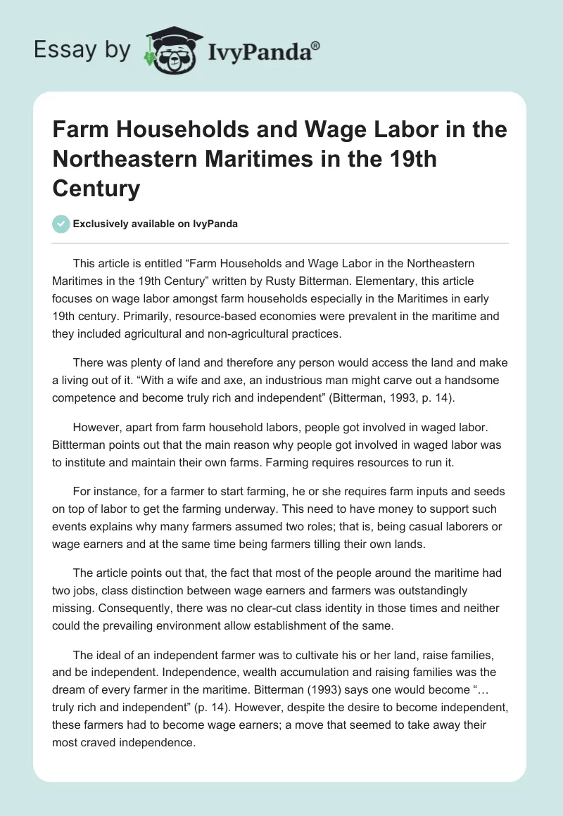Farm Households and Wage Labor in the Northeastern Maritimes in the 19th Century. Page 1