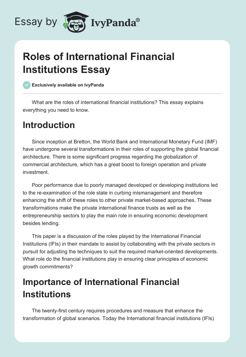 Roles of International Financial Institutions Essay. Page 1