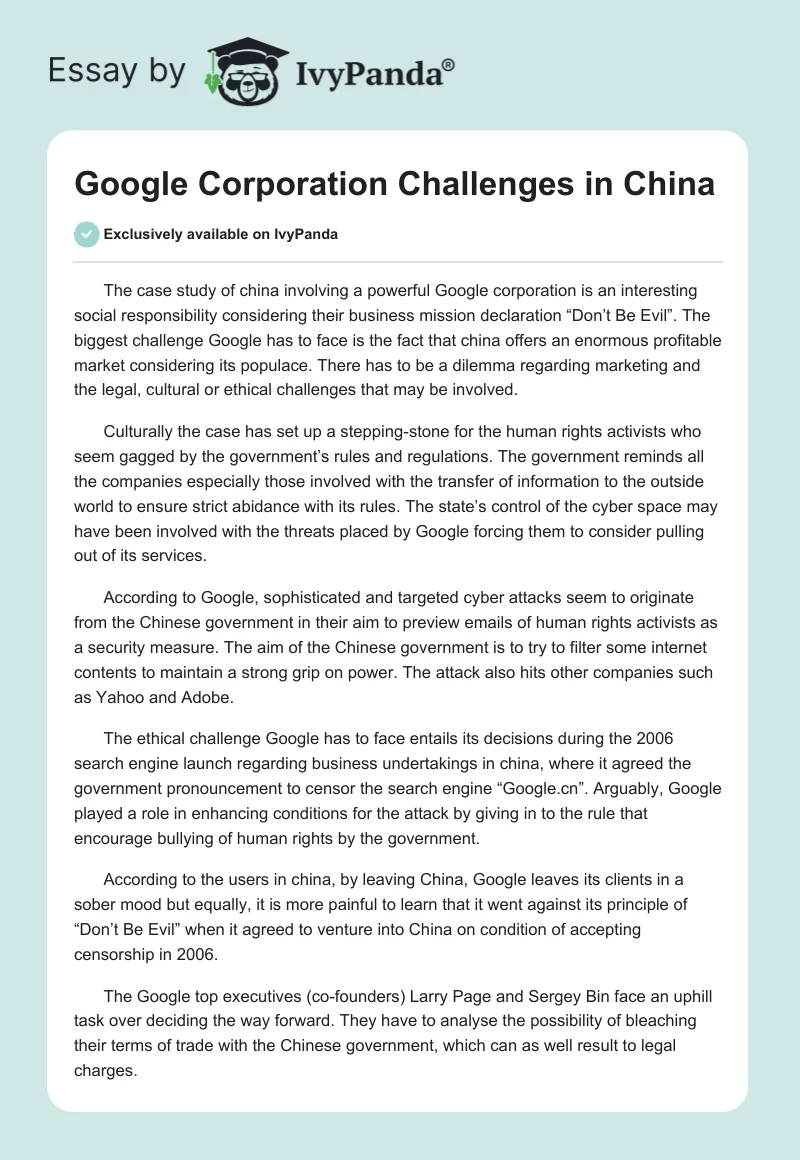 Google Corporation Challenges in China. Page 1