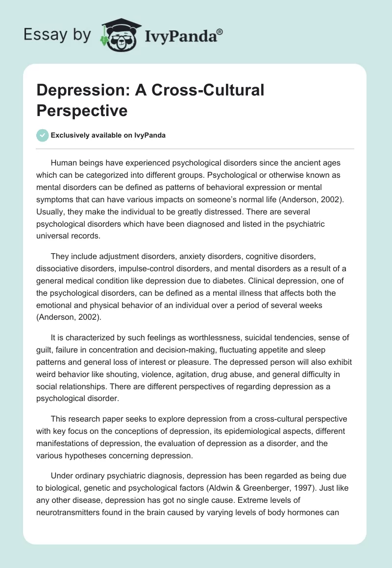 Depression: A Cross-Cultural Perspective. Page 1