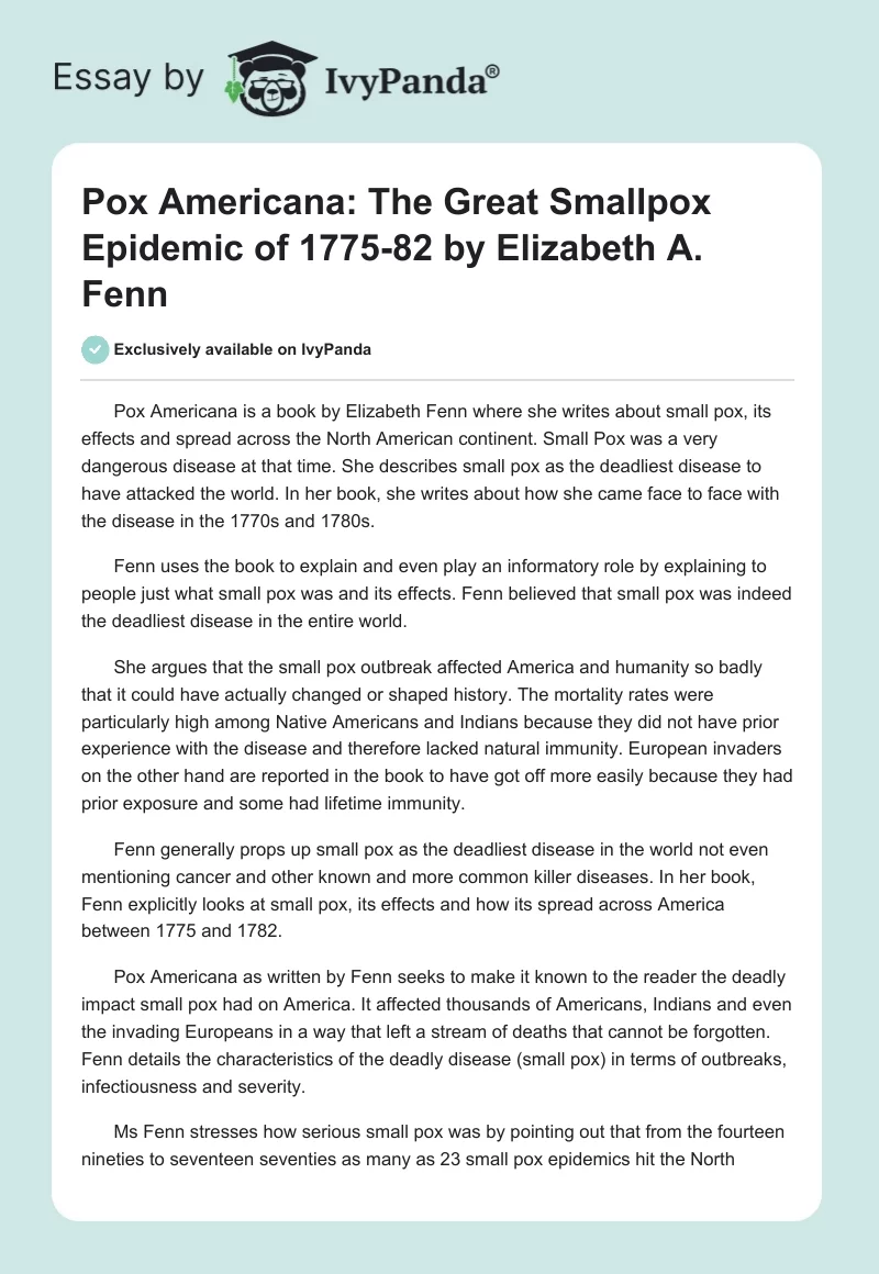 "Pox Americana: The Great Smallpox Epidemic of 1775-82" by Elizabeth A. Fenn. Page 1