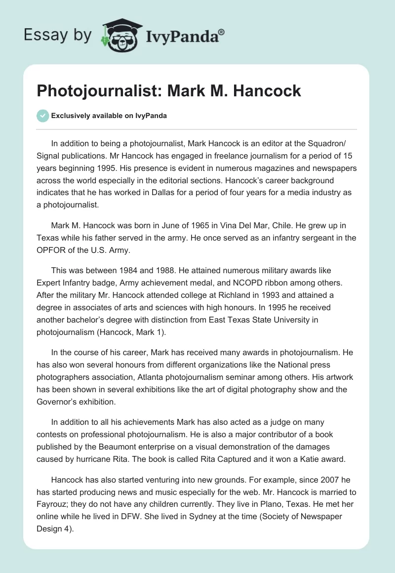 Photojournalist: Mark M. Hancock. Page 1