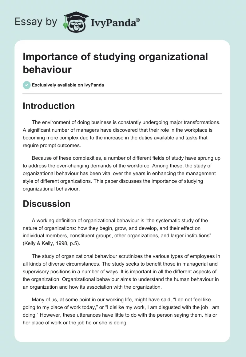 Importance of Studying Organizational Behaviour. Page 1