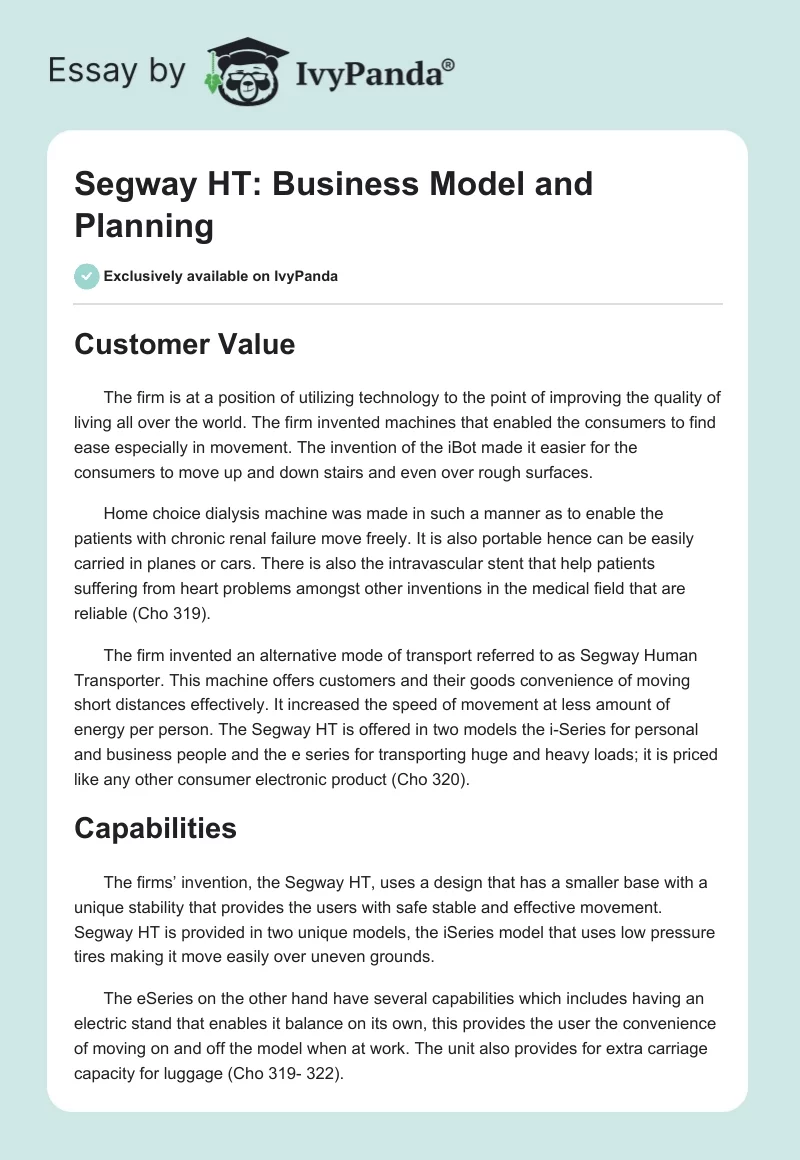 Segway HT: Business Model and Planning. Page 1