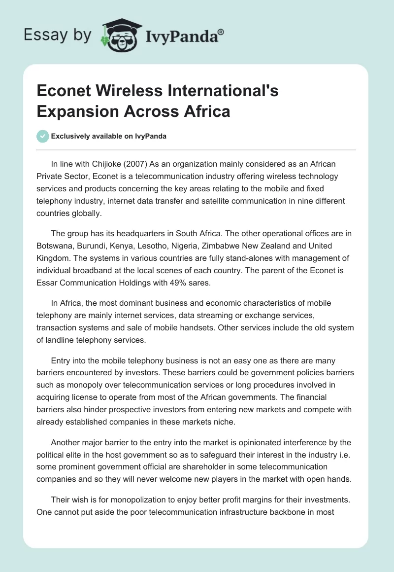 Econet Wireless International's Expansion Across Africa. Page 1