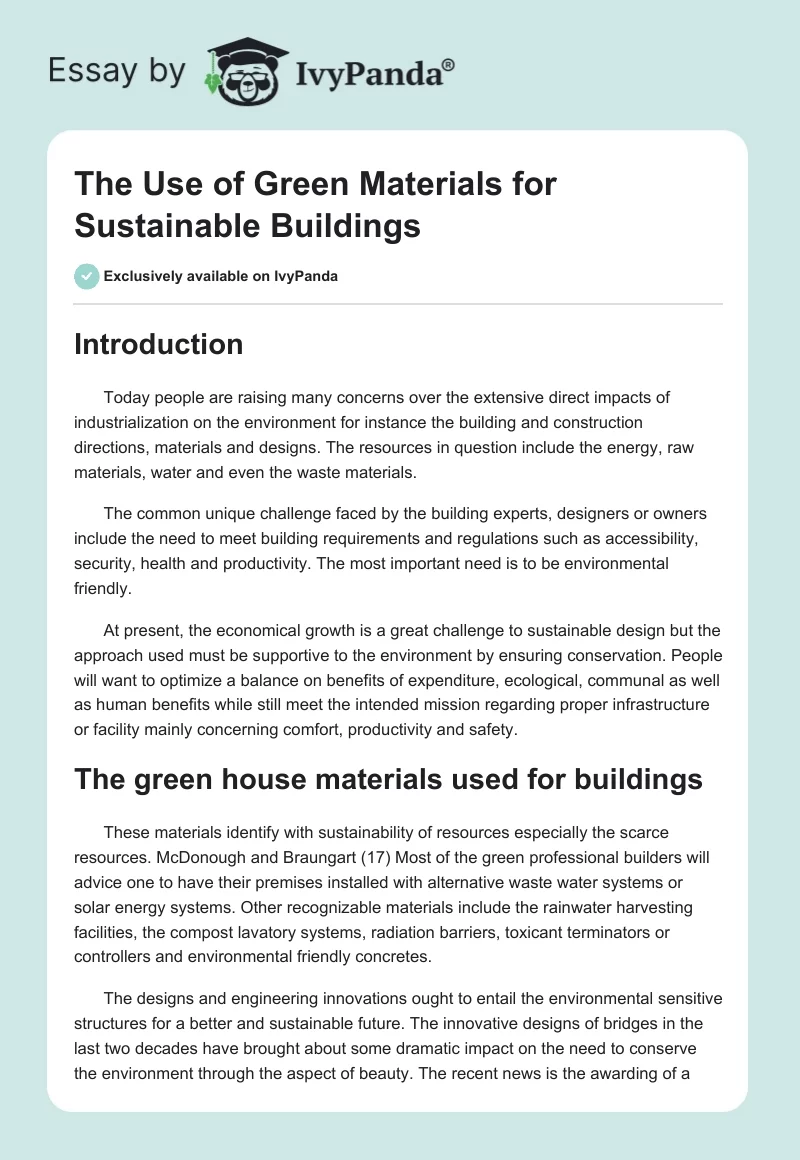 The Use of Green Materials for Sustainable Buildings. Page 1