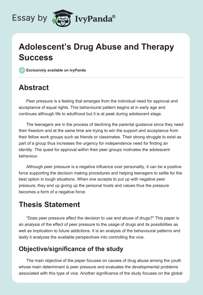 Adolescent’s Drug Abuse and Therapy Success. Page 1