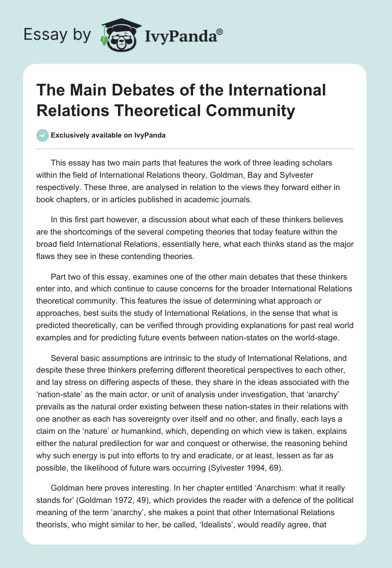 The Main Debates of the International Relations Theoretical Community. Page 1