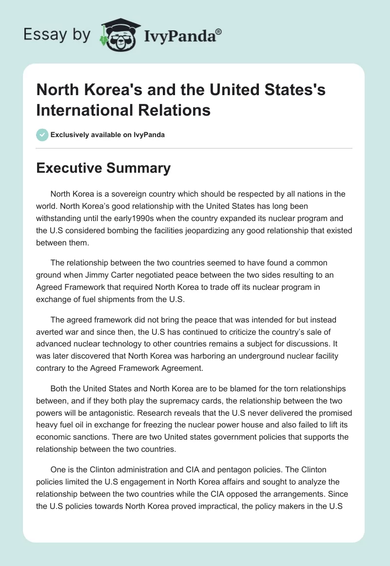 North Korea's and the United States's International Relations. Page 1