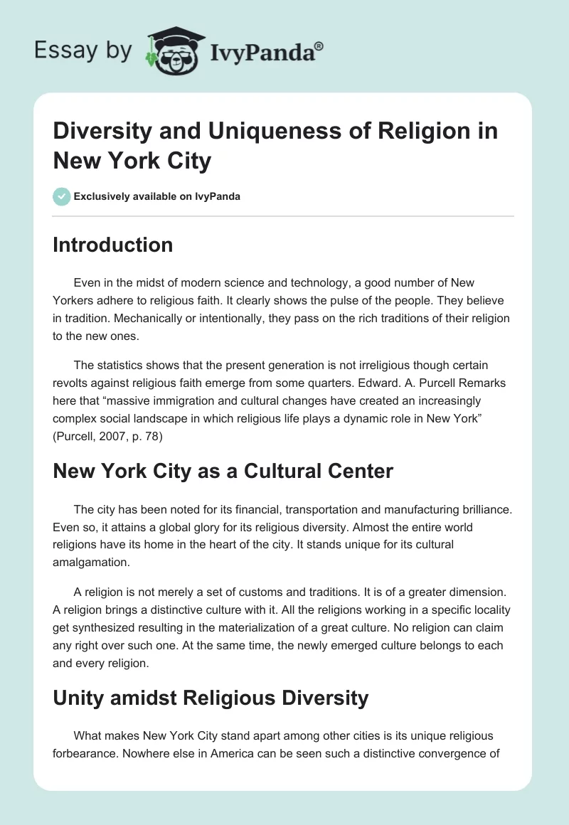 Diversity and Uniqueness of Religion in New York City. Page 1
