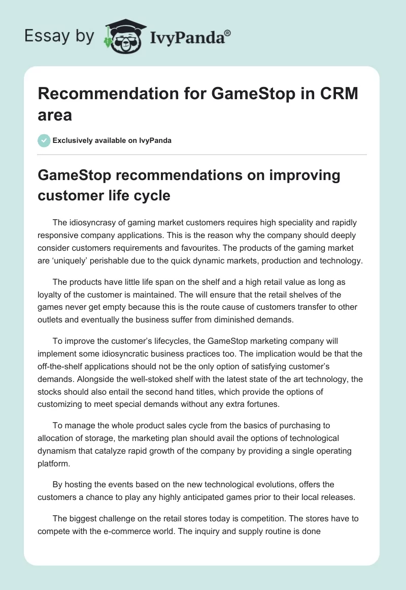 Recommendation for GameStop in CRM area. Page 1
