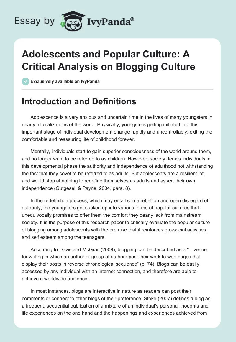 Adolescents and Popular Culture: A Critical Analysis on Blogging Culture. Page 1