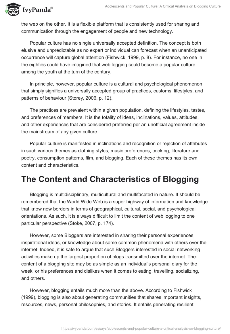 Adolescents and Popular Culture: A Critical Analysis on Blogging Culture. Page 2