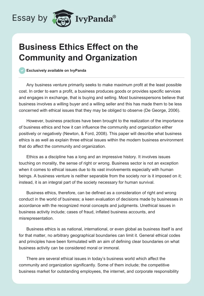 Business Ethics Effect on the Community and Organization. Page 1