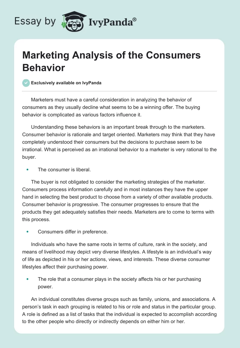Marketing Analysis of the Consumers Behavior. Page 1