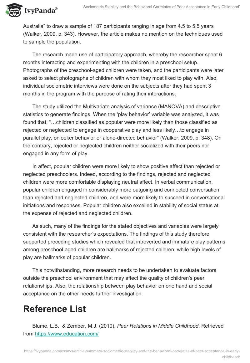 ‘Sociometric Stability and the Behavioral Correlates of Peer Acceptance in Early Childhood’. Page 2