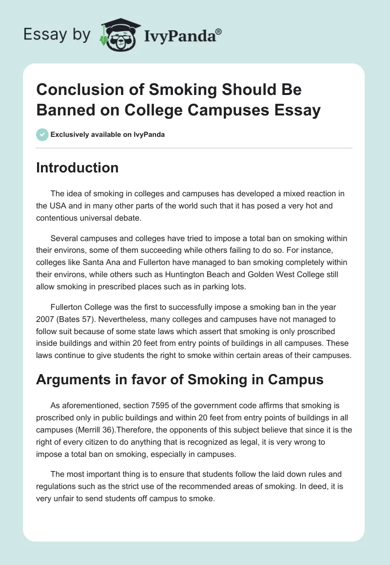Conclusion of Smoking Should Be Banned on College Campuses Essay. Page 1