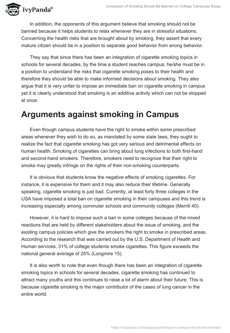 Conclusion of Smoking Should Be Banned on College Campuses Essay. Page 2