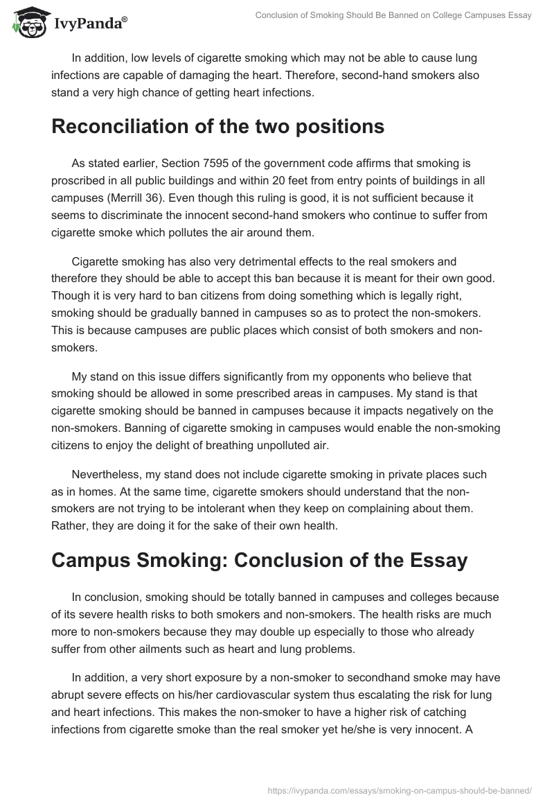 Conclusion of Smoking Should Be Banned on College Campuses Essay. Page 4