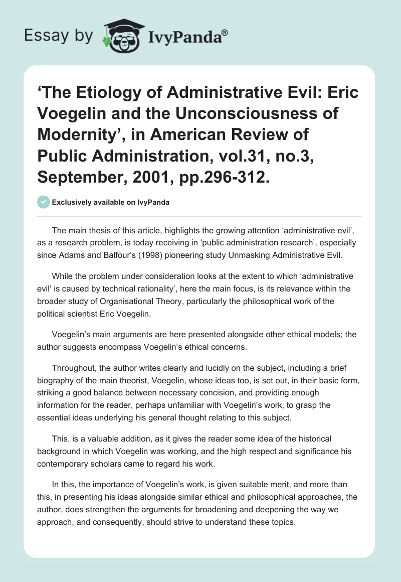 ‘The Etiology of Administrative Evil: Eric Voegelin and the Unconsciousness of Modernity’, in American Review of Public Administration, vol.31, no.3, September, 2001, pp.296-312.. Page 1