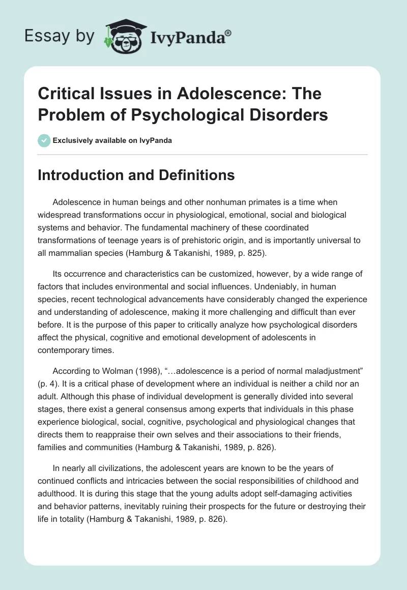 Critical Issues in Adolescence: The Problem of Psychological Disorders. Page 1