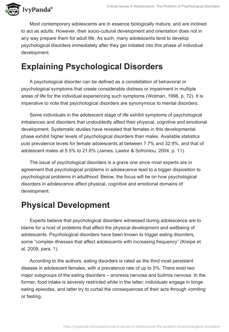 Critical Issues in Adolescence: The Problem of Psychological Disorders. Page 2