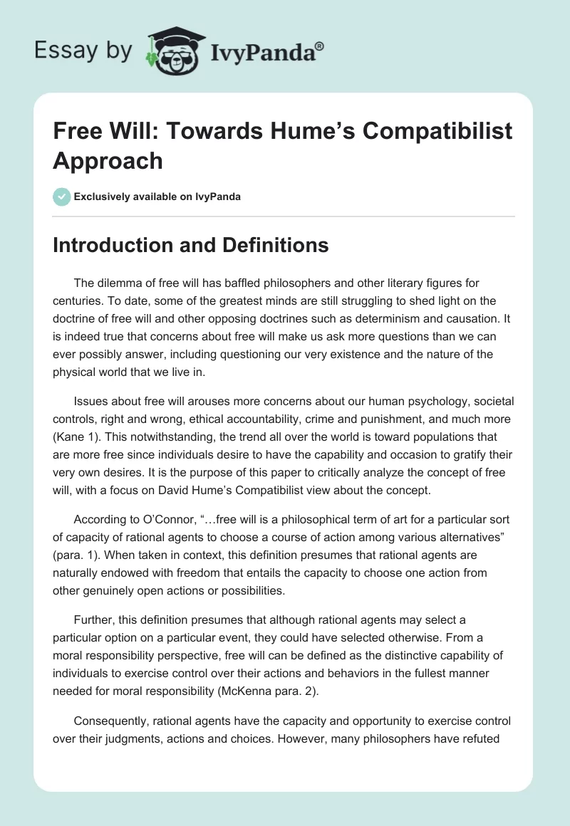 Free Will: Towards Hume’s Compatibilist Approach. Page 1