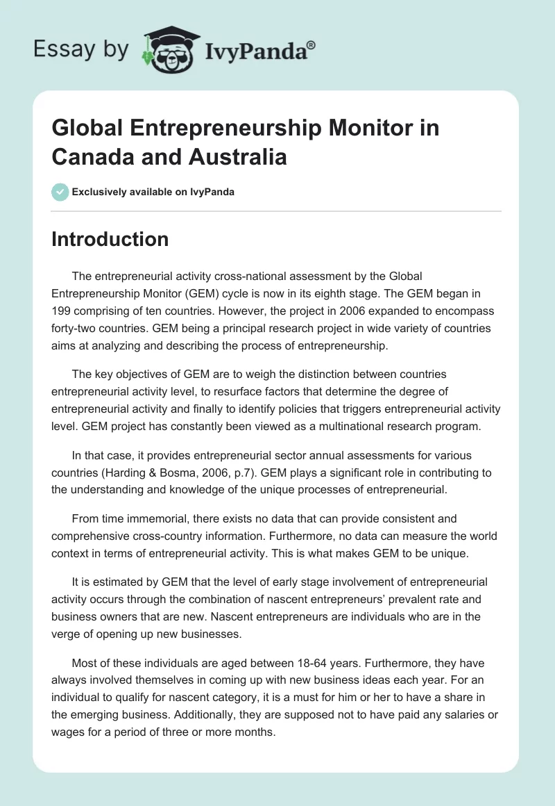 Global Entrepreneurship Monitor in Canada and Australia. Page 1