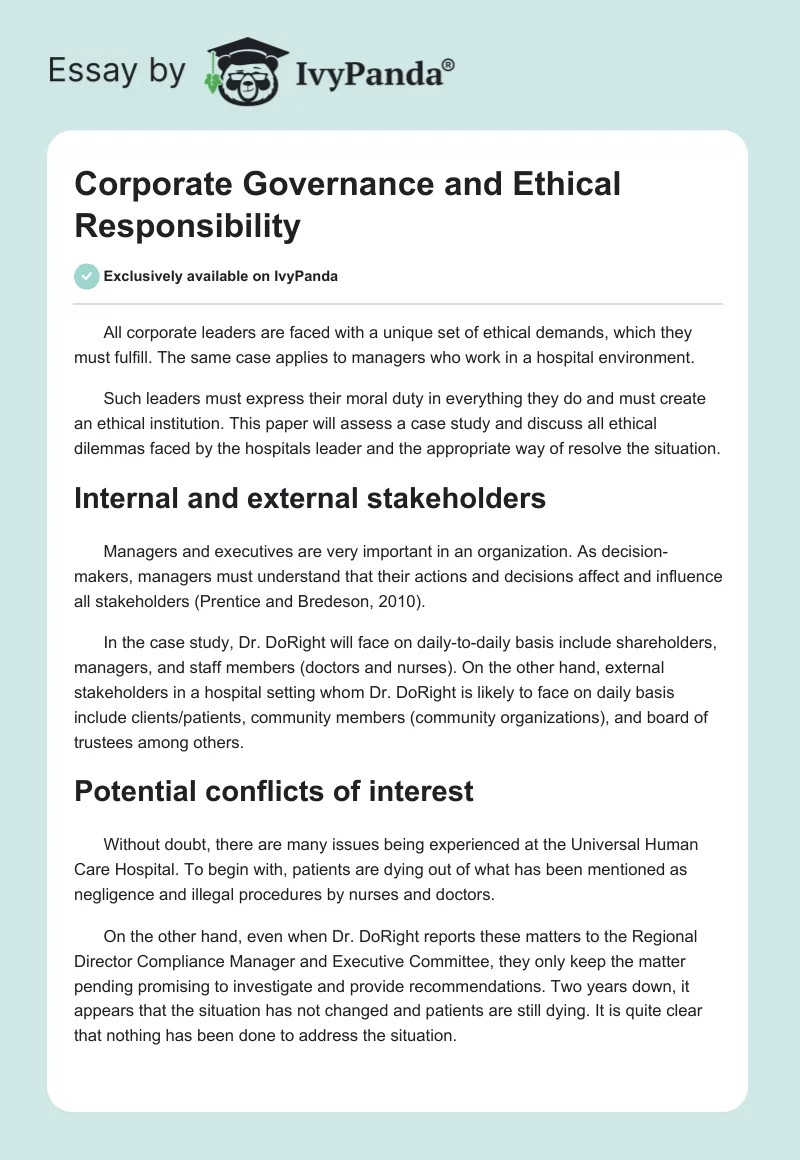 Corporate Governance and Ethical Responsibility. Page 1