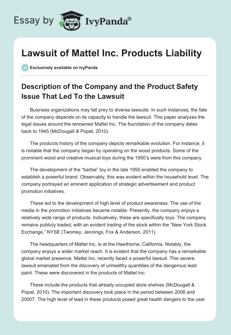 Lawsuit of Mattel Inc. Products Liability. Page 1