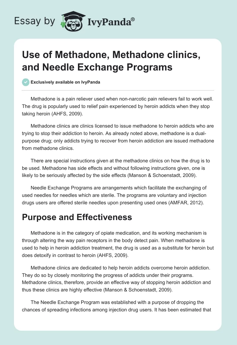 Use of Methadone, Methadone clinics, and Needle Exchange Programs. Page 1