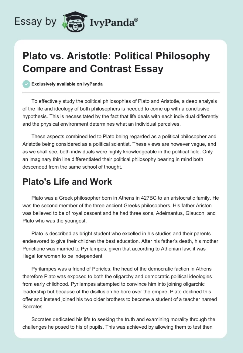 Plato vs. Aristotle: Political Philosophy Compare and Contrast Essay. Page 1