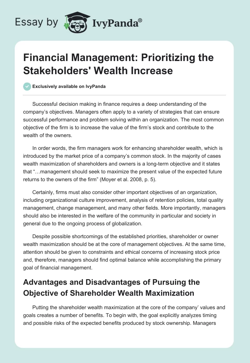 Financial Management: Prioritizing the Stakeholders' Wealth Increase. Page 1