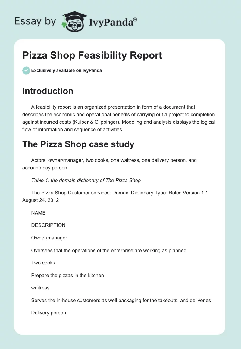 Pizza Shop Feasibility Report. Page 1