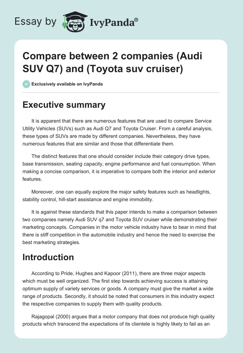 Compare Between 2 Companies Audi SUV Q7 and Toyota SUV Cruiser. Page 1